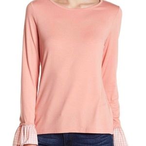 Vince Camuto top with gingham ruffle cuffs